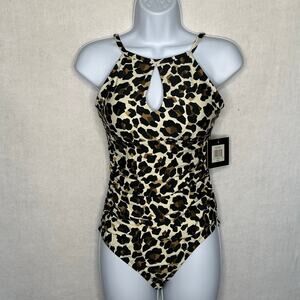 NWT Ellen Tracy Animal Print Halter One-Piece Swimsuit w/ Keyhole – Size 8
